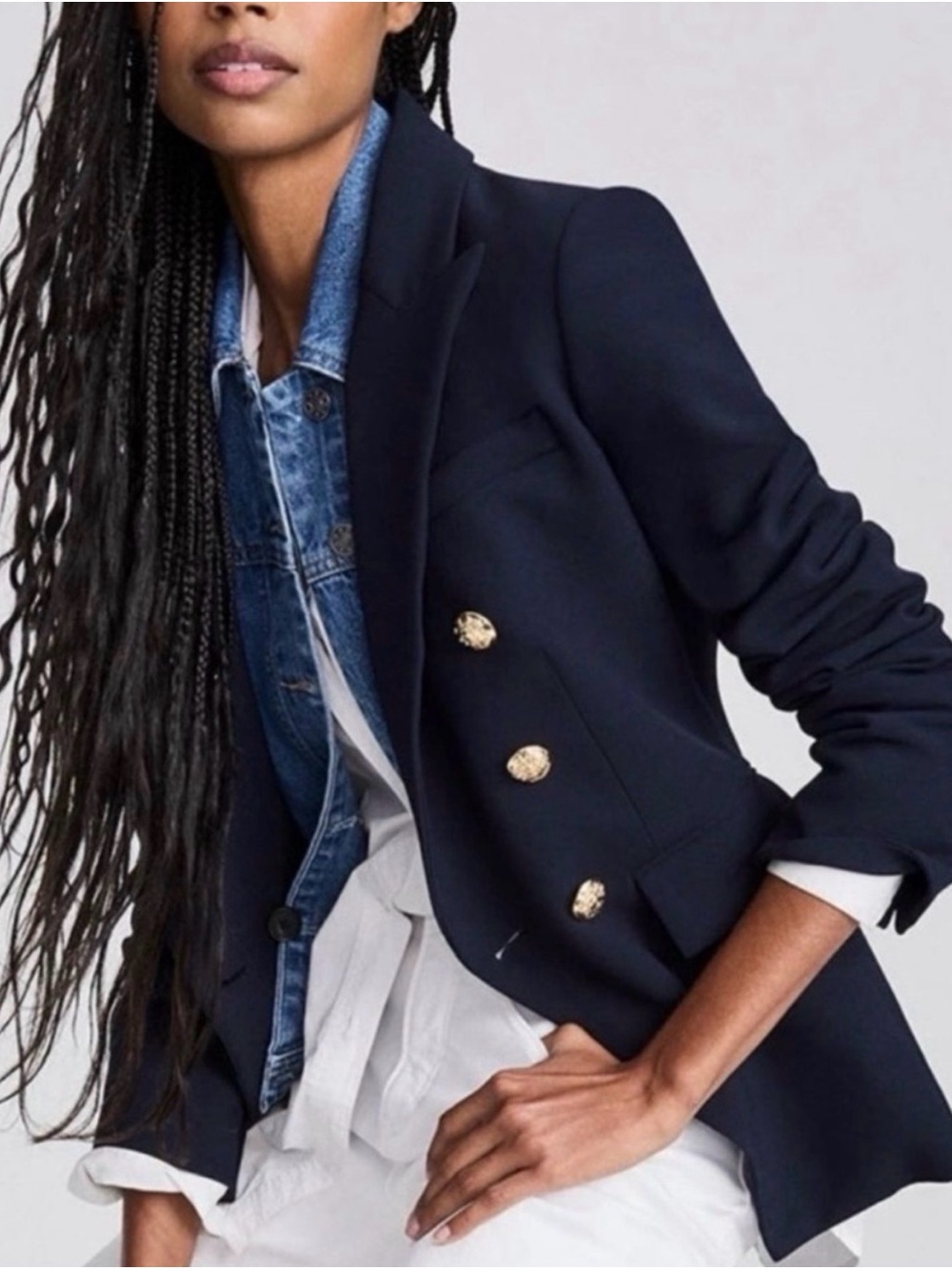 dolan Navy Double-Breasted Blazer with Gold Buttons, denim layer